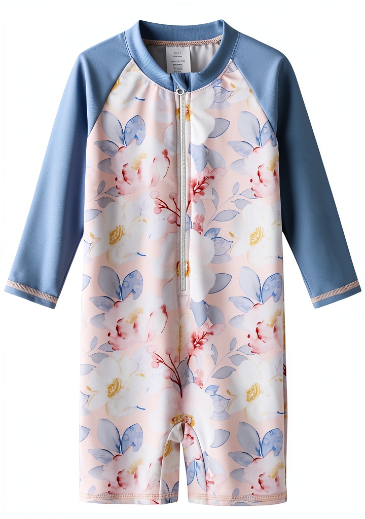 Baby girl wearing the swimwear sunsuit at the beach