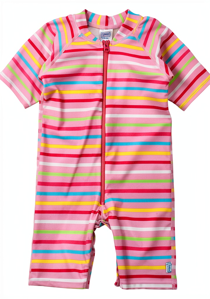 Baby girl wearing pink stripe sunsuit at the beach