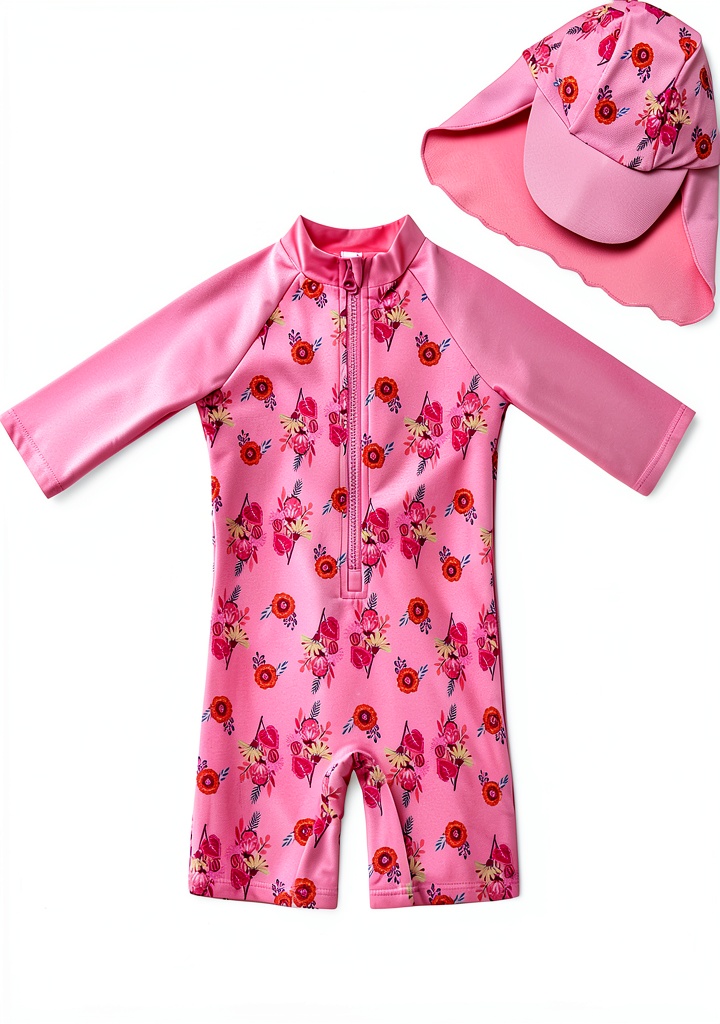 Baby girl wearing the pink UPF 50+ swimsuit and sun hat set playing on a beach blanket