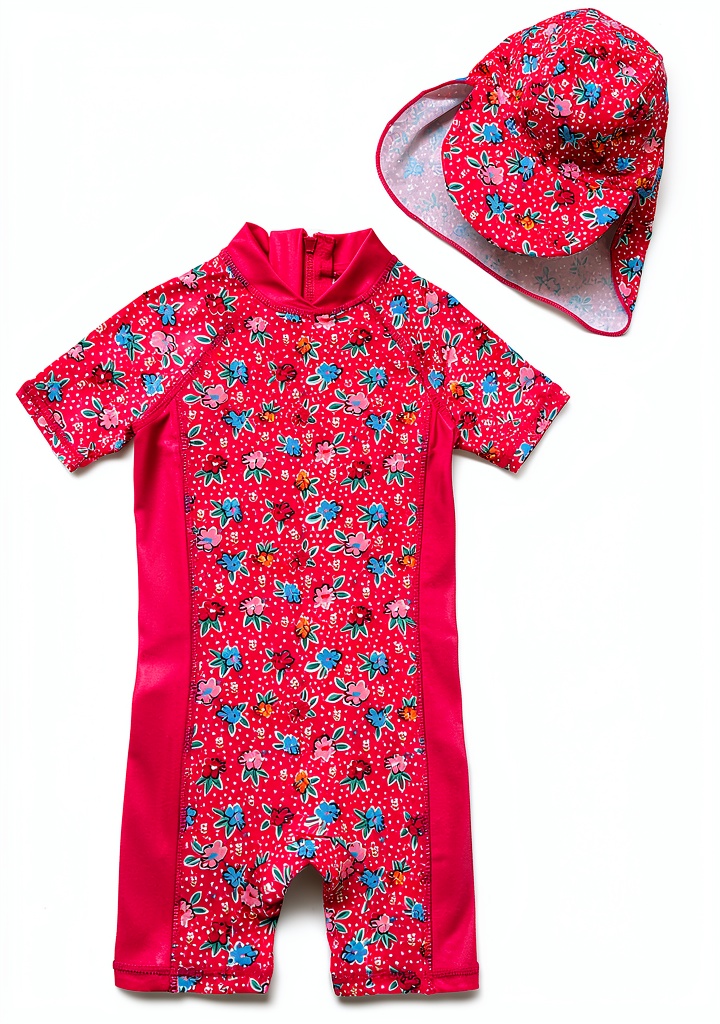 Baby wearing sunsuit and hat at the beach