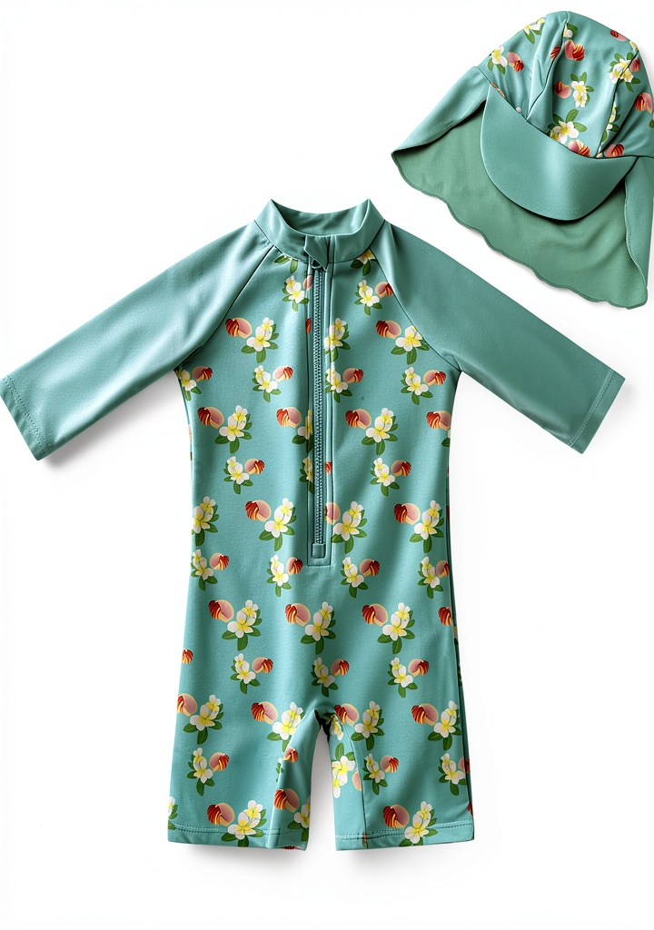 Baby girl wearing the swimwear sunsuit at the beach