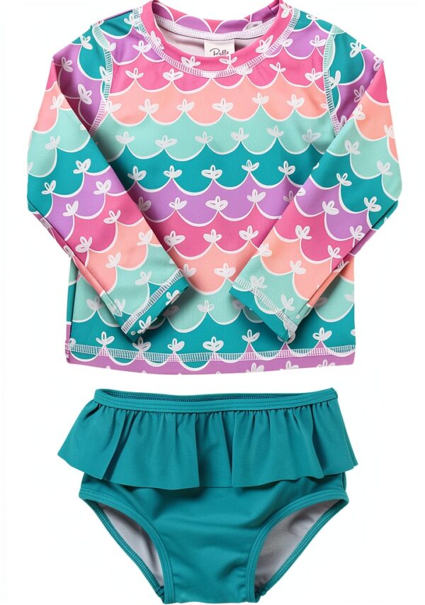Baby Girls UPF 50 Long Sleeve Rash Guard Swimsuit Set-0