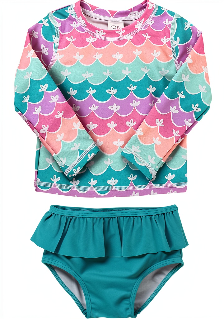 'Baby girl wearing the long sleeve rash guard swimsuit at the beach'