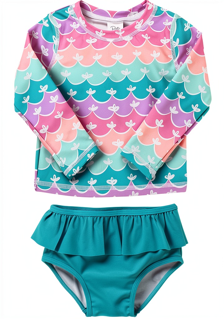 'Baby girl wearing the rash guard set at the beach'